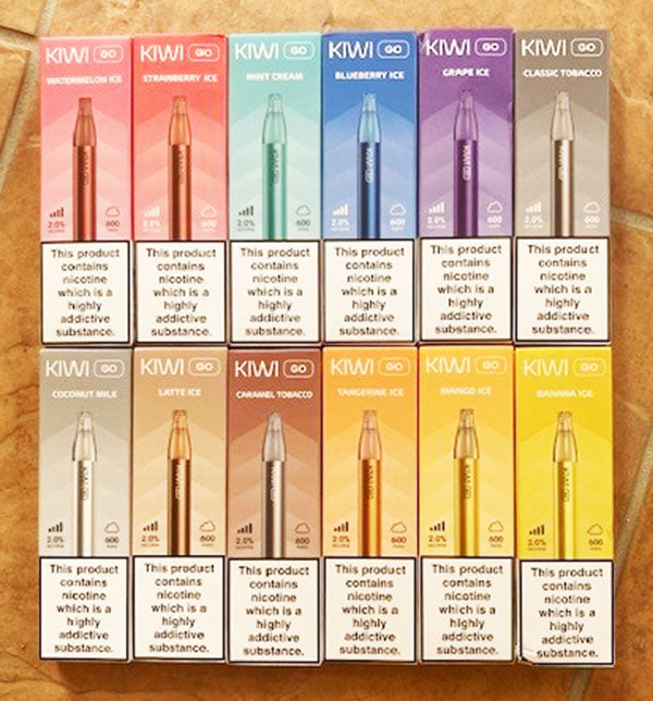 The 12 Kiwi GO disposable vape range packaging boxes